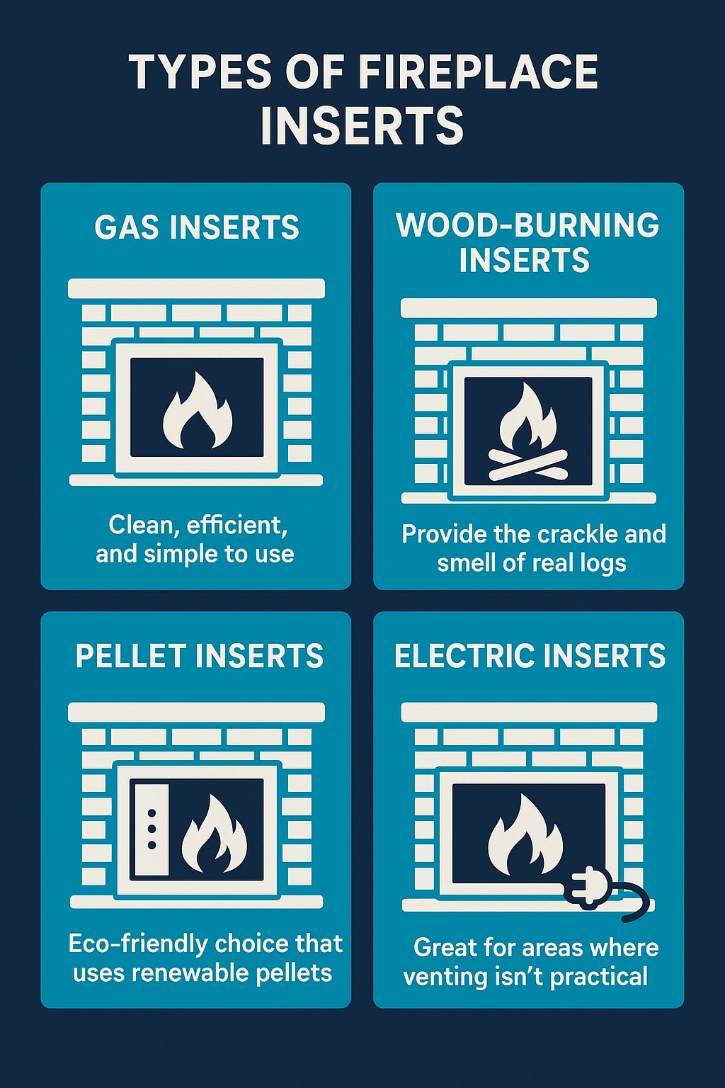 Original infographic with a dark blue background titled “Types of Fireplace Inserts” in bold white text at the top. Four teal boxes are arranged in a grid, each containing a cream-colored fireplace icon and descriptive text. The top left box is labeled “Gas Inserts” with an image of a flame and the caption “Clean, efficient, and simple to use.” The top right box is “Wood-Burning Inserts” featuring a flame over logs and the caption “Provide the crackle and smell of real logs.” The bottom left box is “Pellet Inserts” with a stylized flame beside three vertical dots and the caption “Eco-friendly choice that uses renewable pellets.” The bottom right box is “Electric Inserts” showing a flame with an electric plug icon and the caption “Great for areas where venting isn’t practical.” The clean, minimal design uses white and teal contrast for readability.<br />
