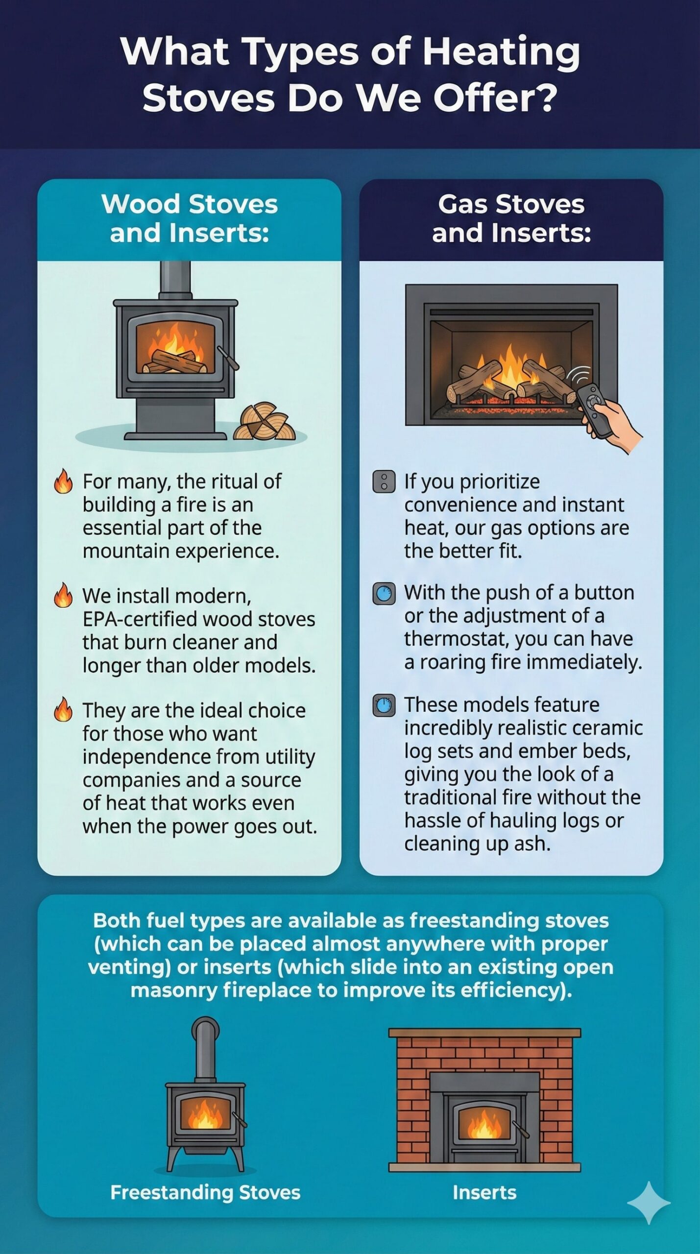 original infographic titled "What Types of Heating Stoves Do We Offer?" featuring a split layout comparing Wood Stoves and Gas Stoves against a deep blue and teal background. The left column, titled "Wood Stoves and Inserts," displays an illustration of a black cast-iron stove with burning logs, followed by text highlights: "Ritual & Independence: Essential mountain experience," "EPA-certified: Burn cleaner & longer than older models," and "Works during power outages," accompanied by icons of a flame, a certification seal, and a power plug with a red X. The right column, titled "Gas Stoves and Inserts," shows a fireplace insert with a remote control, listing features: "Convenience & Instant Heat: Roaring fire at a push," "Thermostat adjustment for immediate warmth," and "Realistic look, no hauling logs or ash cleanup," paired with icons of a push button, a thermometer, and a dustpan. The bottom section illustrates the installation types available for both fuels: "Freestanding Stoves (flexible placement)" showing a standalone unit, and "Inserts (improves existing fireplace efficiency)" showing a unit inside a masonry fireplace, concluding with the text, "Both fuel types are available as freestanding stoves or fireplace inserts."